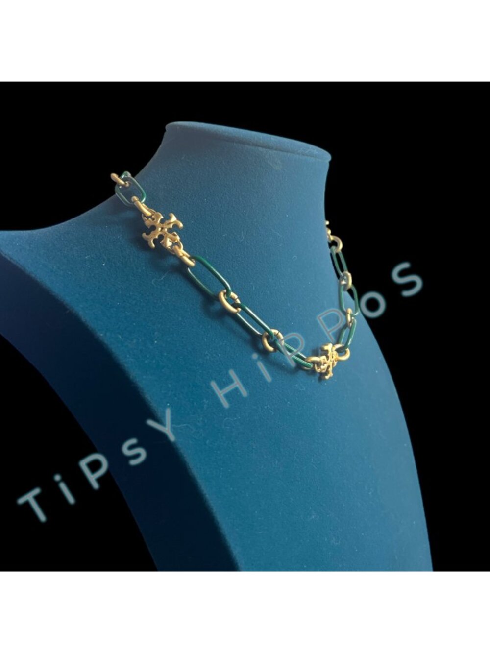 New!  Tory Burch Green Enamel and Gold Roxanne Chainlink Choaker Necklace